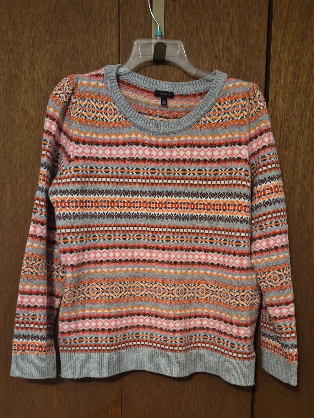 Talbots Pink, Gray & Orange Fair Isle Crewneck Sweater SZ M